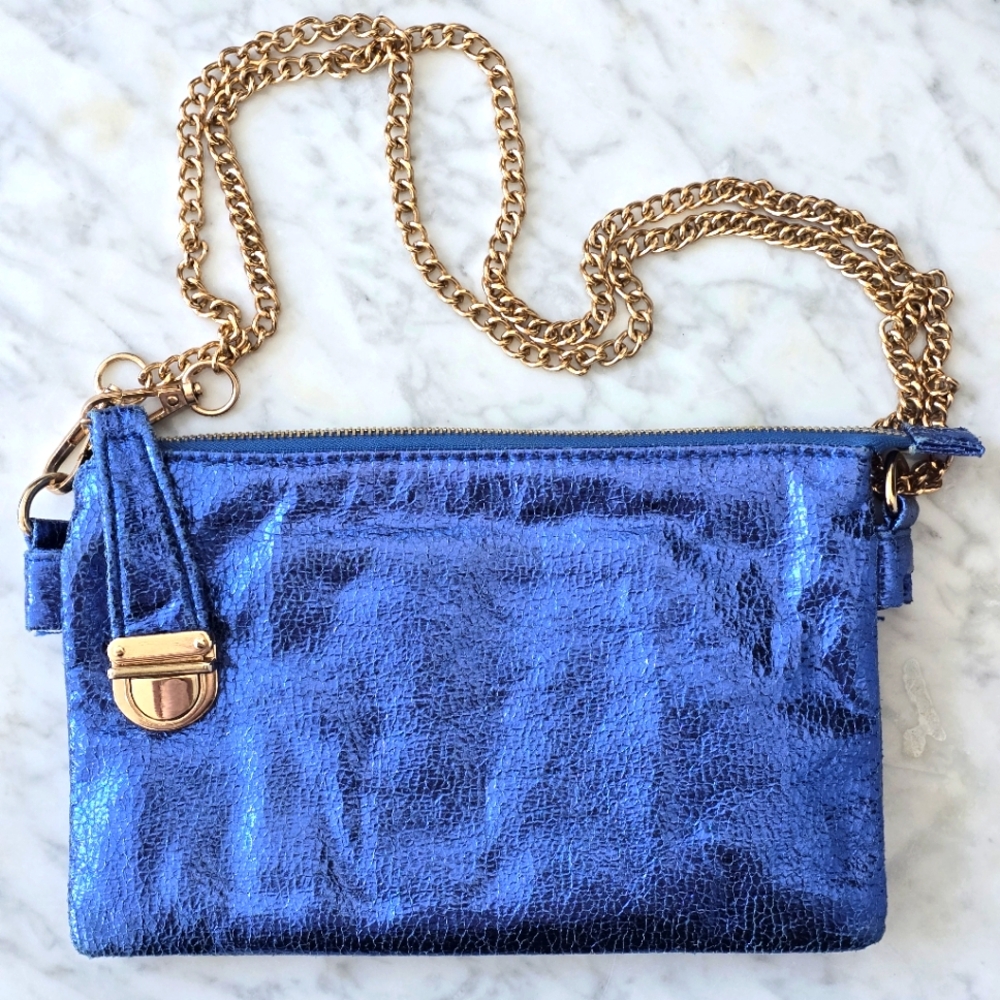 MMS Blue Crinkled Leather Purse with Gold details and chain.